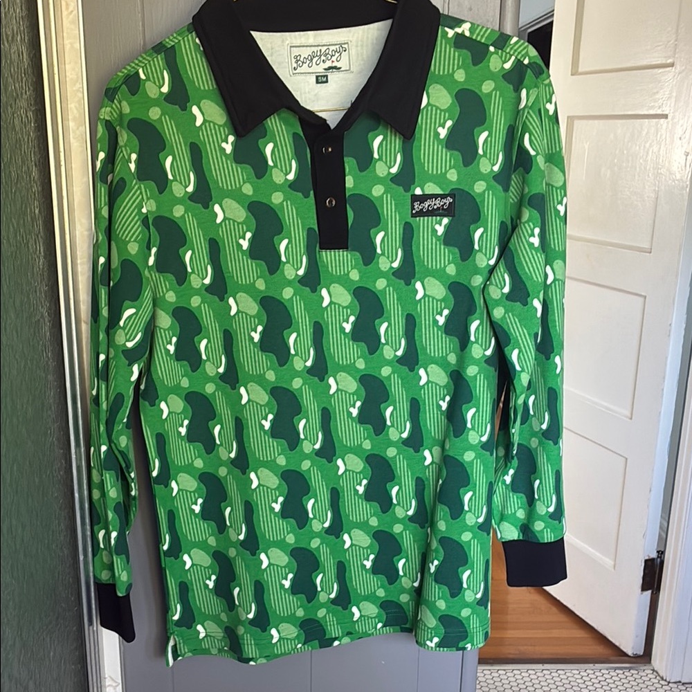 Green and Black Polo Shirt with Cactus Print